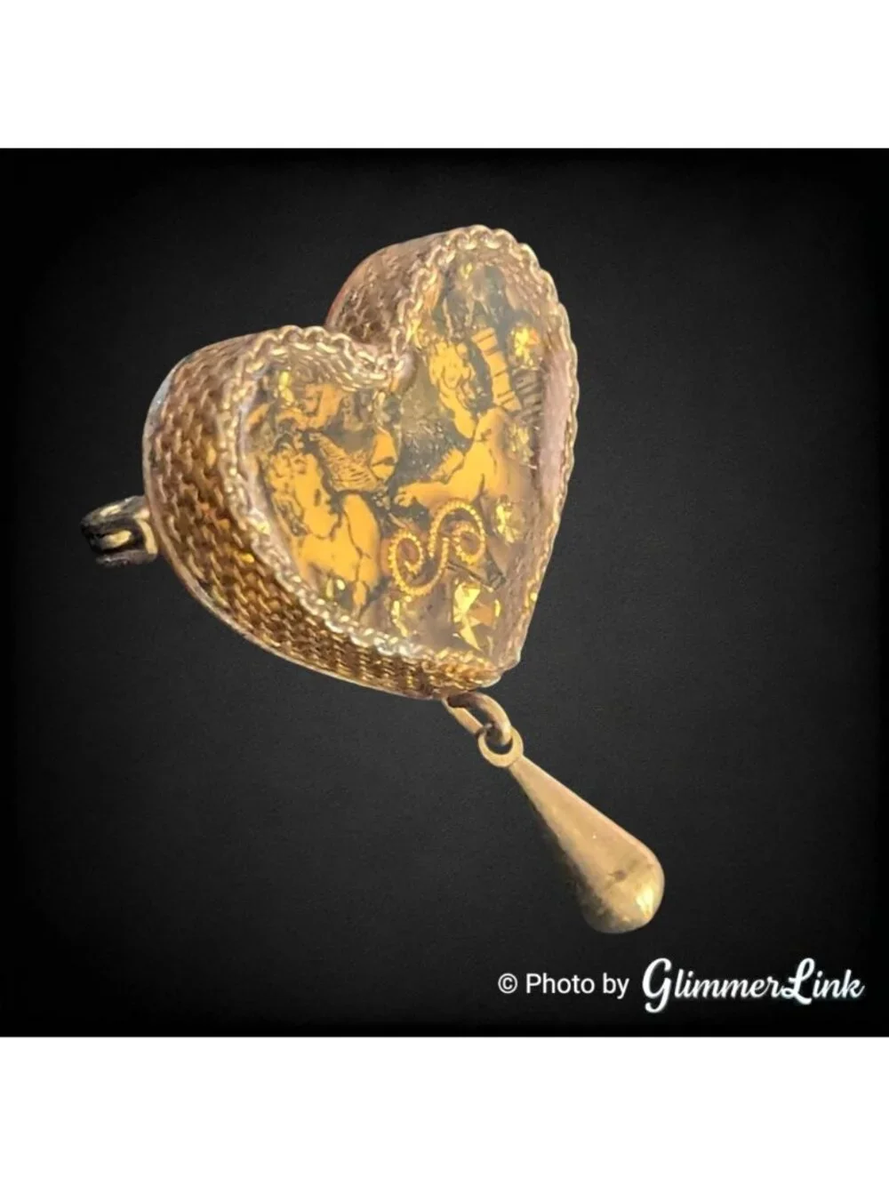 Vintage Maximal Art Cherub Heart Brooch Gold Tone Rhinestone Dangle Pin